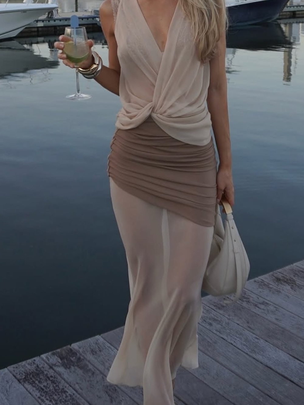 L'Academie Blush and Tan Sheer Ruched-Waist Maxi Skirt